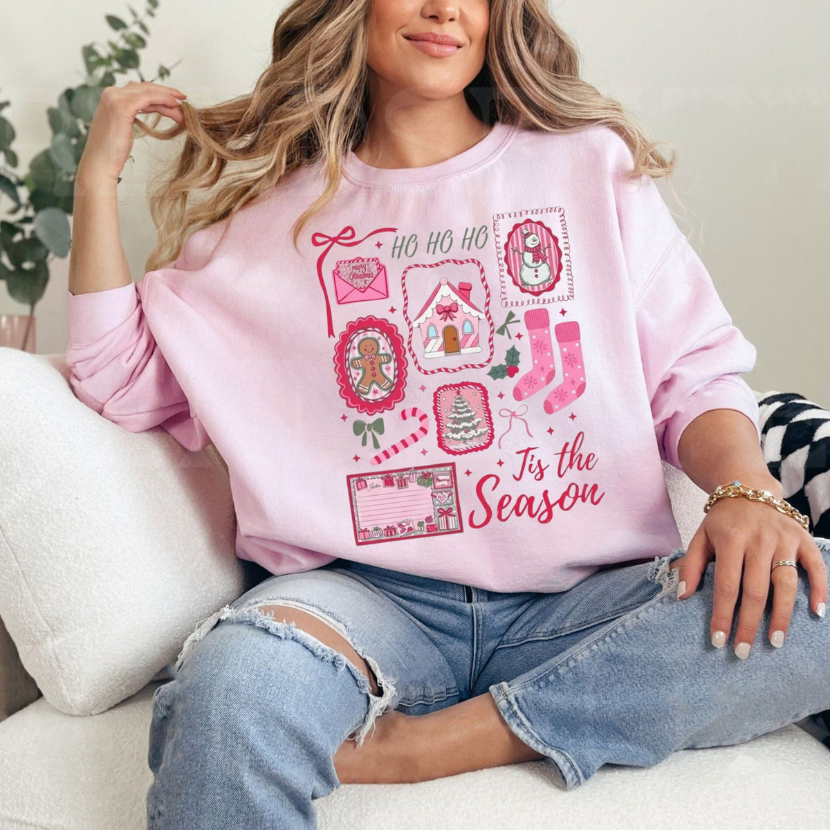 Pink Christmas Sweatshirt – 'Tis The Season Candy Cane Bow Santa Graphic Pullover