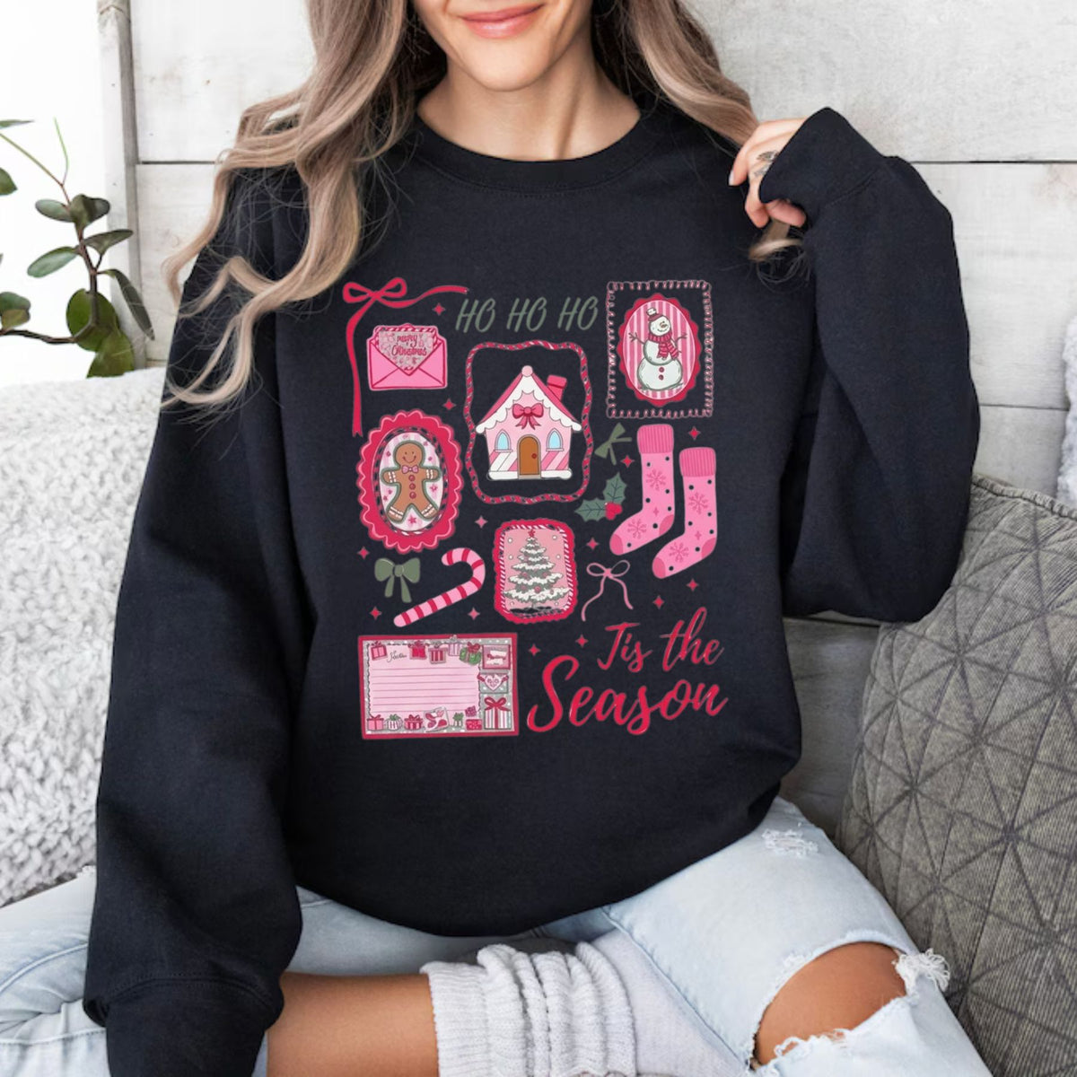 Pink Christmas Sweatshirt – 'Tis The Season Candy Cane Bow Santa Graphic Pullover