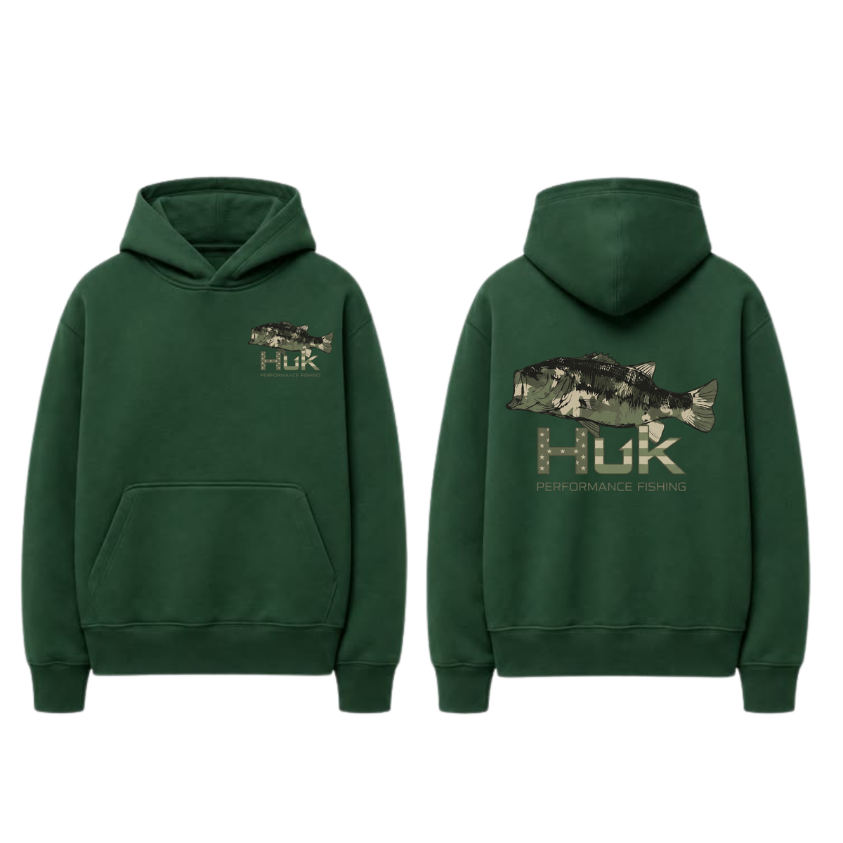 Men’s HUK Performance Fishing Hoodie – Camo Bass Graphic Pullover
