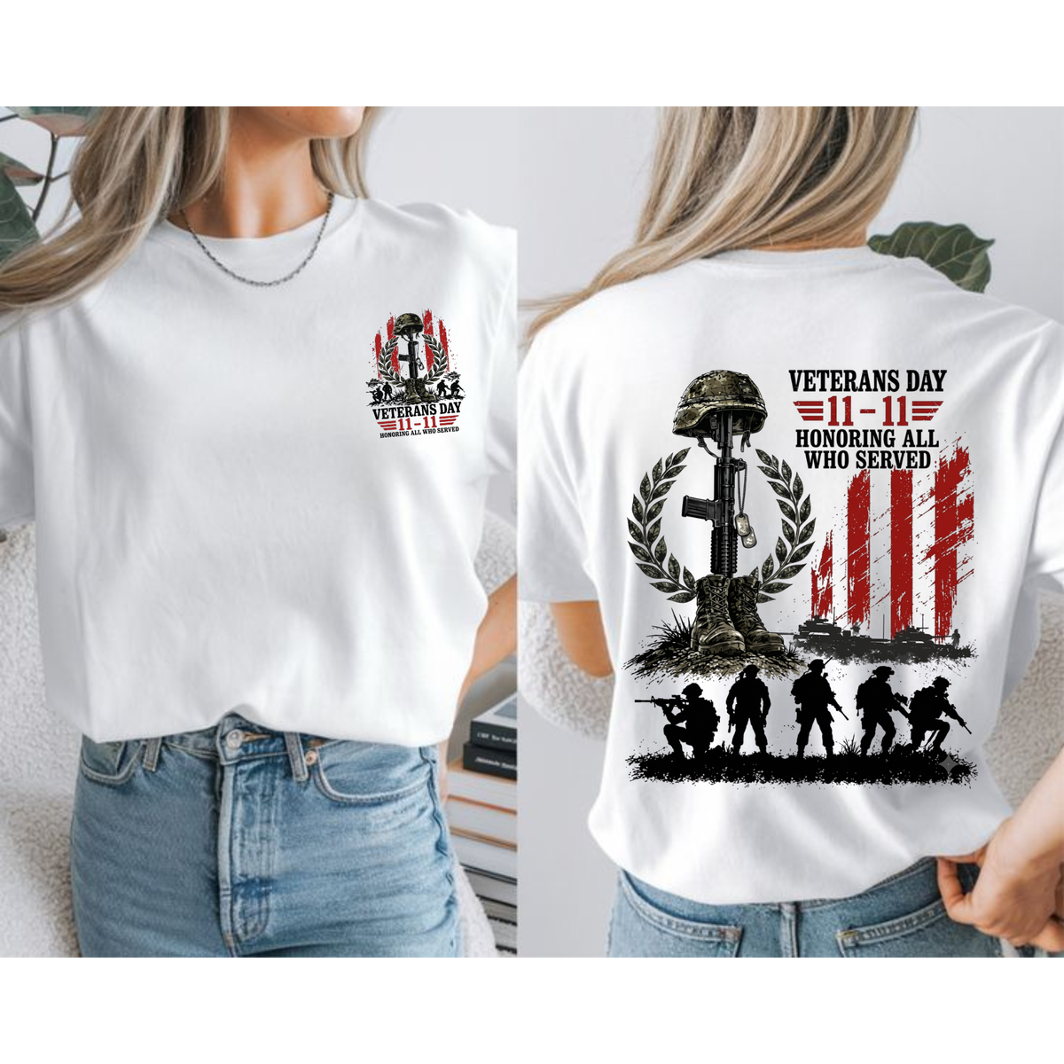 Vintage Veterans Day "11-11 Honoring All Who Served" Patriotic Military T-Shirt