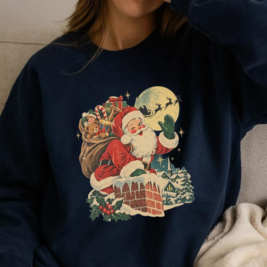 Vintage Santa Chimney & Retro Reindeer Christmas Crewneck
