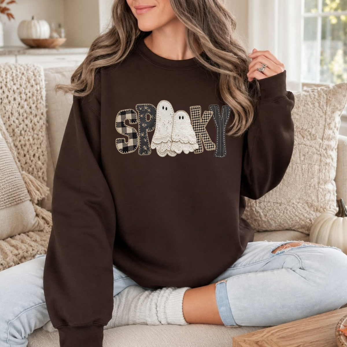 Coquette Lace Ghost Soft Spooky Bow & Patchwork Graphic Crewneck Sweatshirt