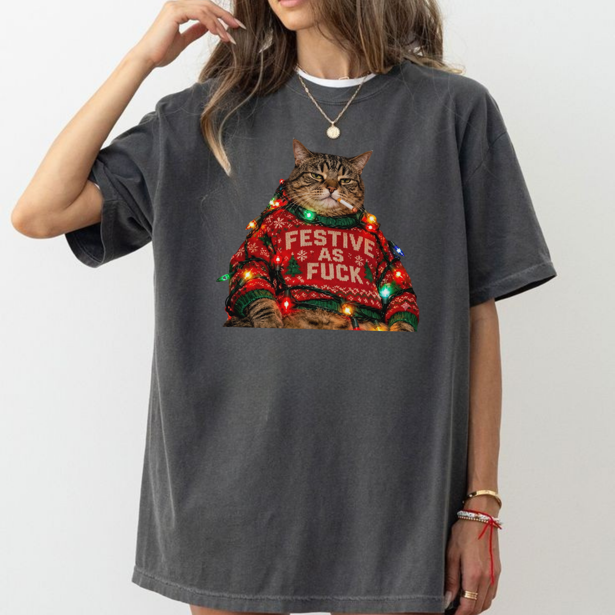 Retro Smoking Cat Funny Christmas Graphic Shirt