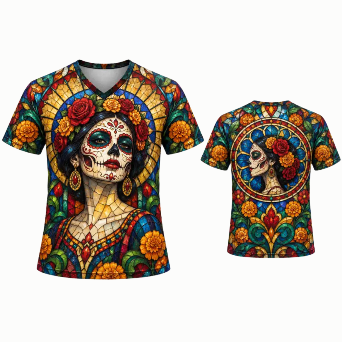 Women's Día de los Muertos La Catrina V-Neck Heritage Graphic Shirt
