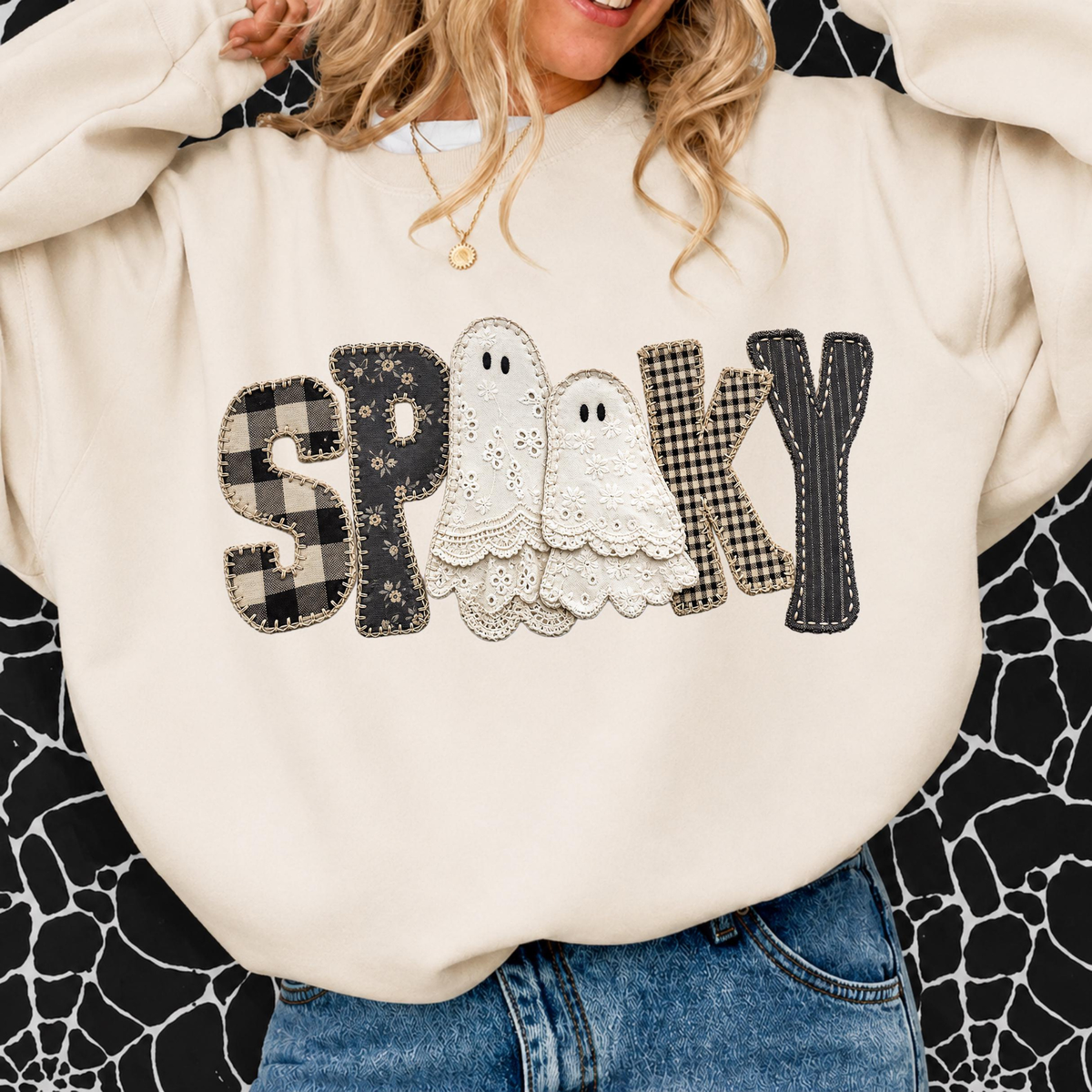 Coquette Lace Ghost Soft Spooky Bow & Patchwork Graphic Crewneck Sweatshirt