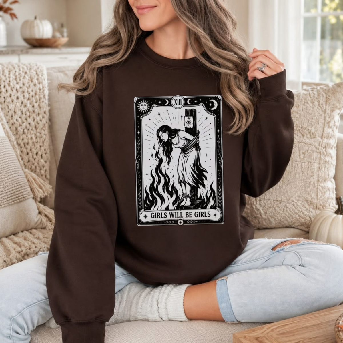 Wild Coven Crewneck – Witch With Cigarette Feminist Halloween Graphic Sweatshirt