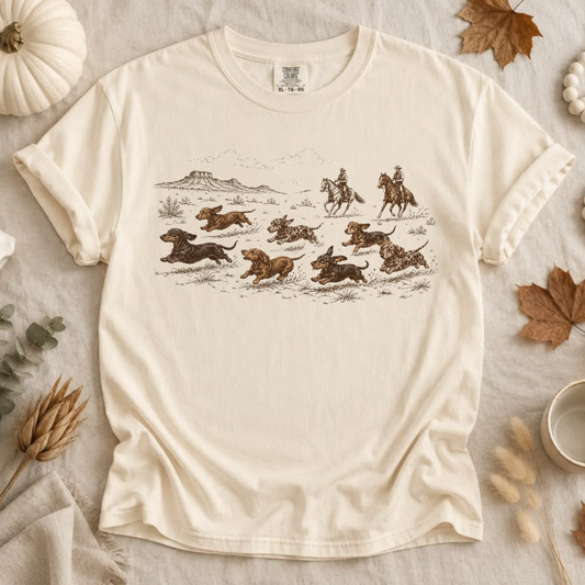 Saddle Up Doxie Tee – Vintage Western Cowboy Dachshund Comfort Colors Shirt