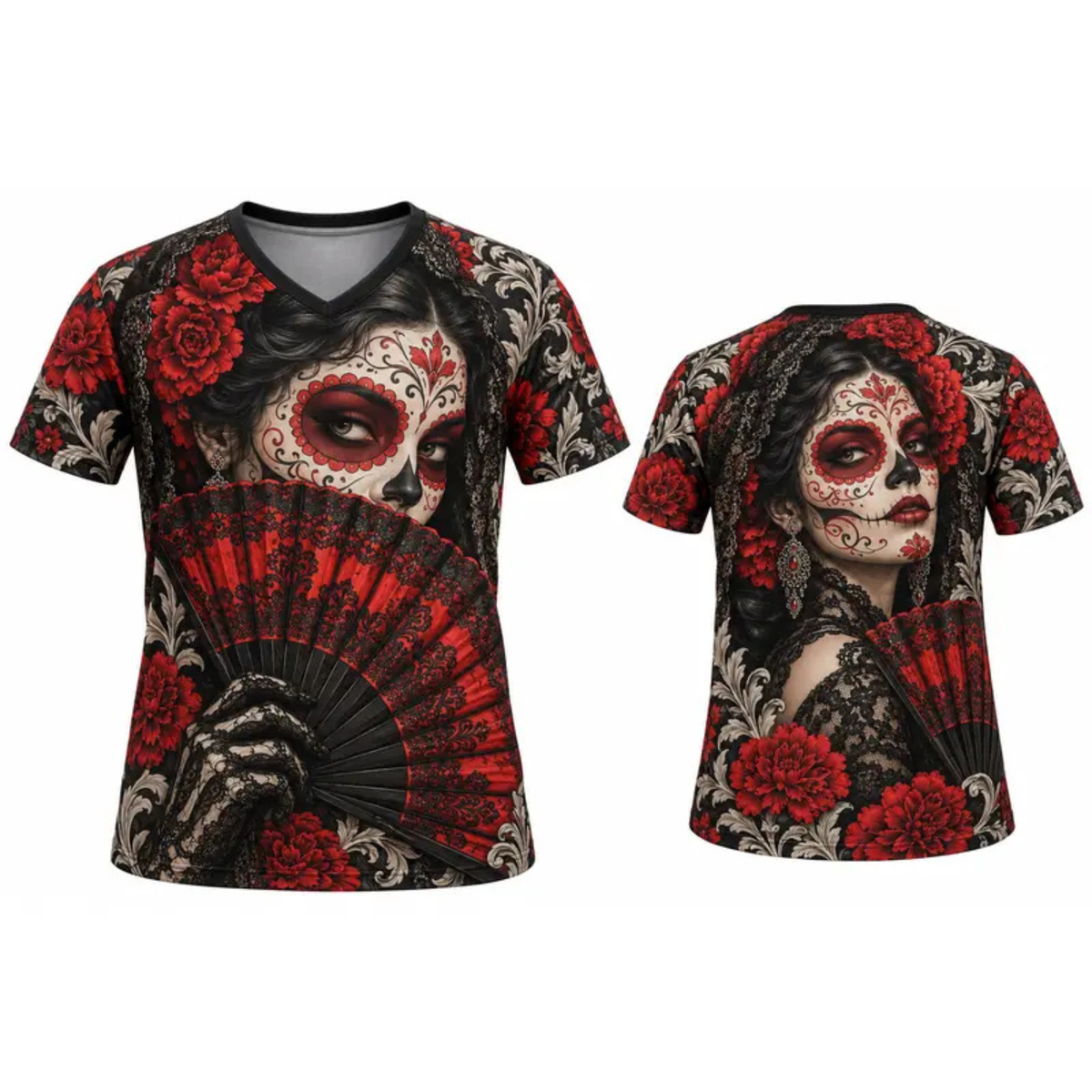 Women's Día de los Muertos La Catrina V-Neck Heritage Graphic Shirt