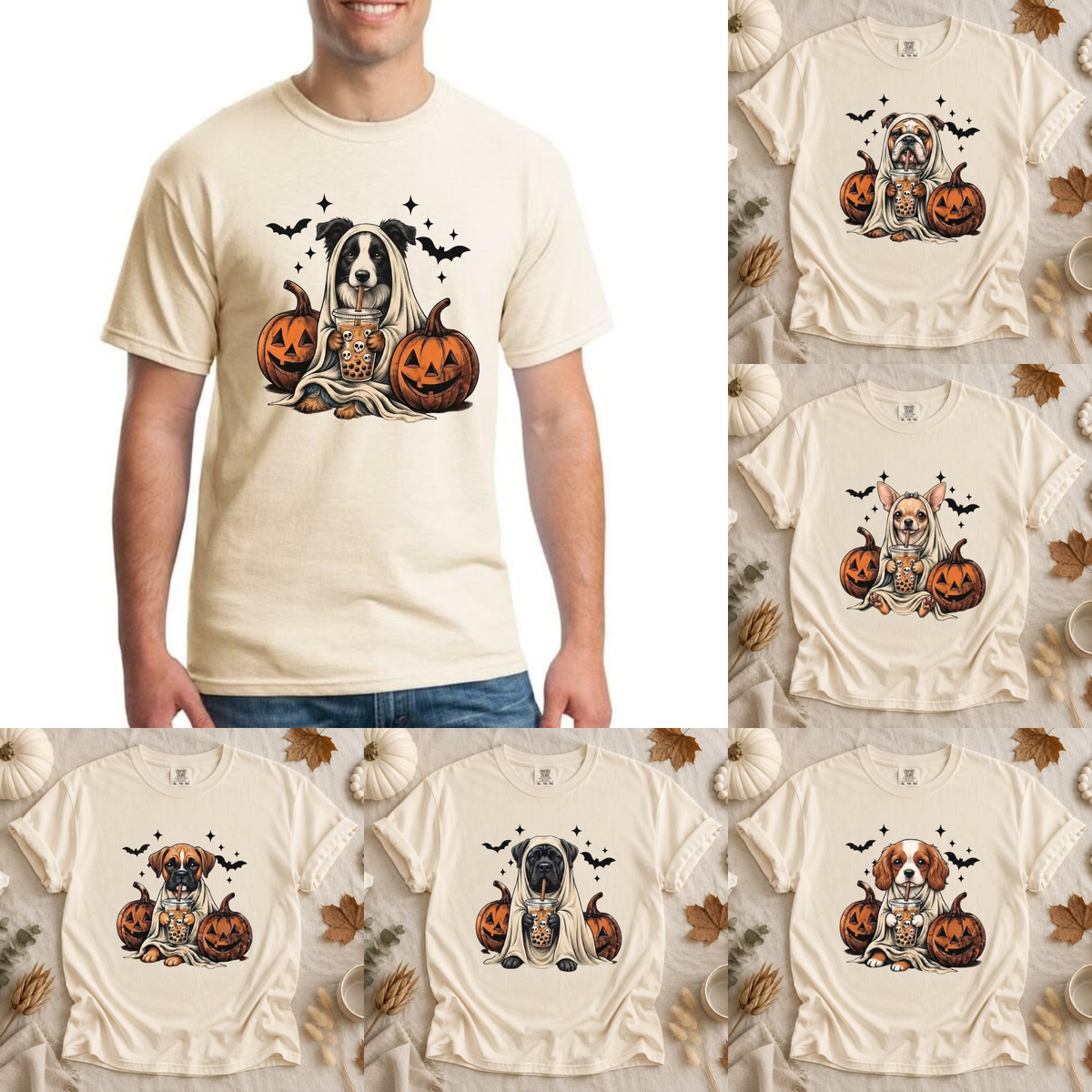 Front view of the Comfort Colors Ghost & Boba Tea Halloween Dog T-Shirt displaying cute ghost pup and bubble tea artwork across the chest of a garment-dyed tee. - hiyamart