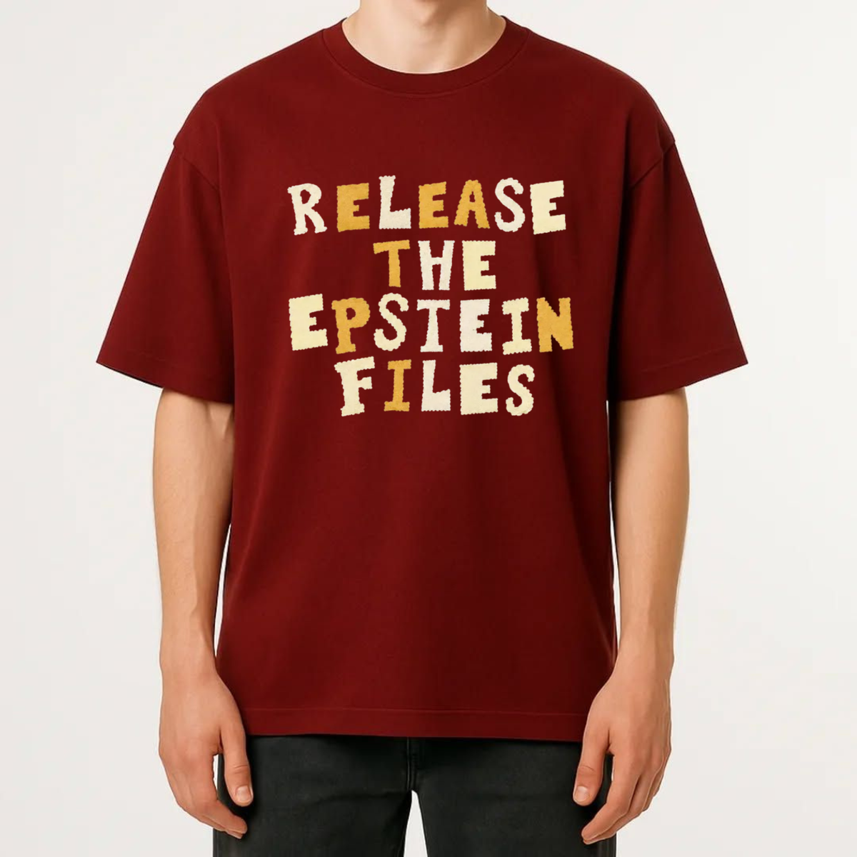 Front view of the government vault clearance tee displaying political protest stencil typography across the chest of a dark cotton shirt. - hiyamart