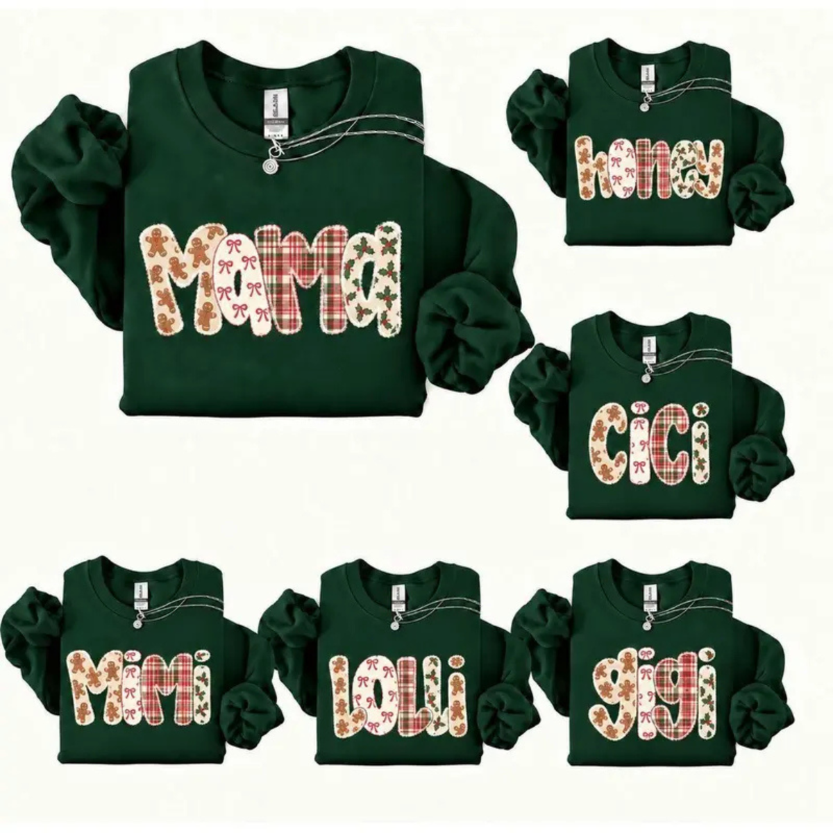 Front view of the yule pine heritage crewneck displaying personalized family name gingerbread plaid graphic artwork across the chest of a forest green sweatshirt. - dogmomhat