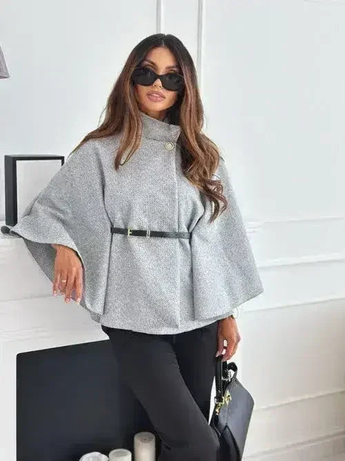 Manteau Cape en Laine Unie avec Nœud à la Taille pour Femme
