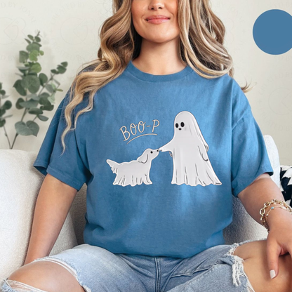 Boo-p Ghost Dog Graphic Tee - Funny Soft Vintage Cotton Unisex Halloween Dog Mom & Cute Pet Lover Gift T-Shirt