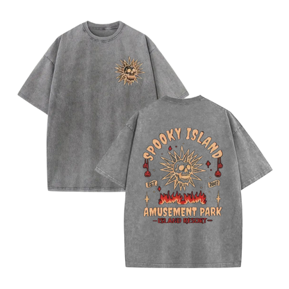 Gothic Haunted Theme Park Mineral Tee – Acid Wash Y2K Mystery Graphic Shirt