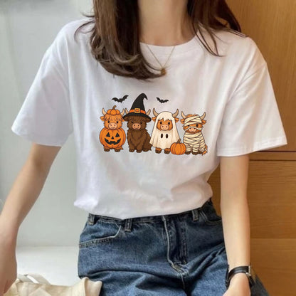 Spooky Highland Cow Squad T-Shirt – Cute Halloween Witch, Ghost & Pumpkin Graphic Tee