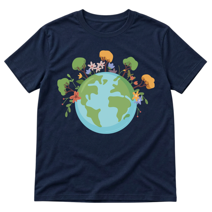 Concept preview of a cream T-shirt with a mountain river sunrise illustration