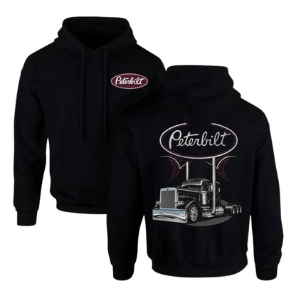 Semi-Truck Graphic Hoodie – Classic Black Long Sleeve Pullover Sweatshirt for Truckers