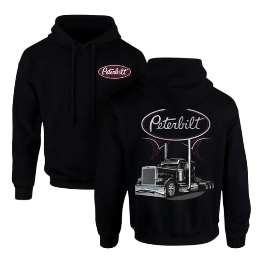 Semi-Truck Graphic Hoodie – Classic Black Long Sleeve Pullover Sweatshirt for Truckers