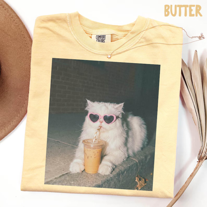 Persian Cat Iced Coffee Graphic Tee - Cute Vintage Soft Cotton Unisex Cat Mama & Funny Mother's Day Gift T-Shirt