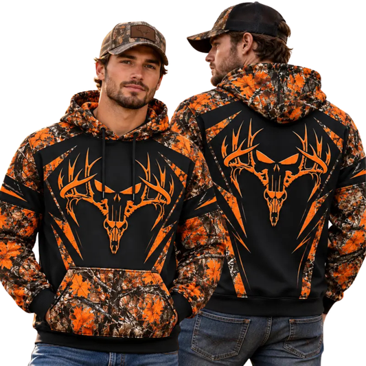 Camo Deer Skull Orange Black Color-Block Outdoor Hunting Pullover