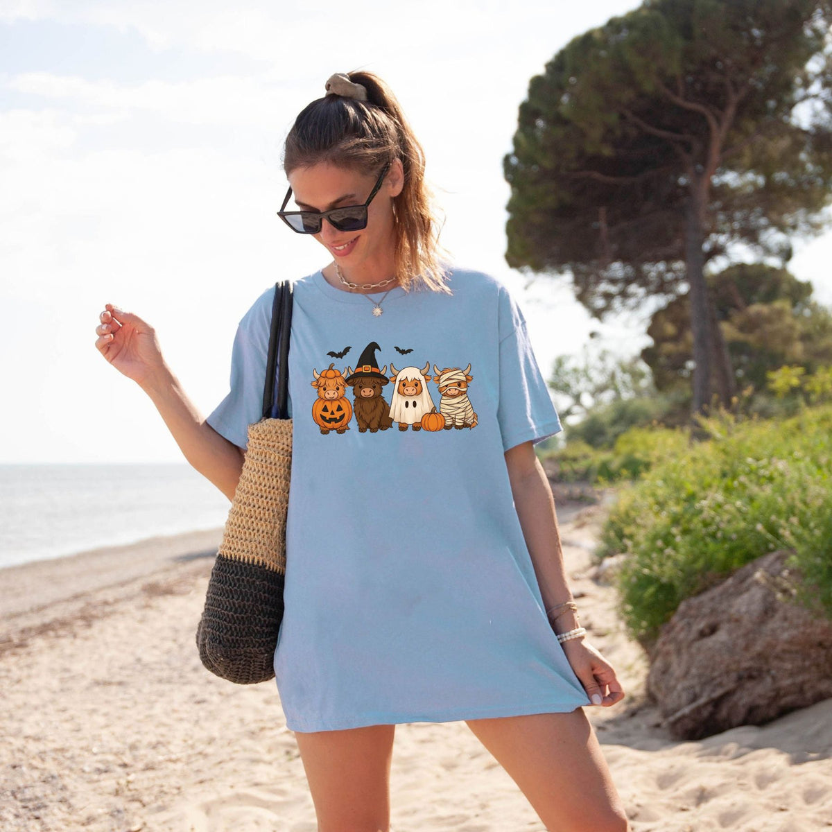 Spooky Highland Cow Squad T-Shirt – Cute Halloween Witch, Ghost & Pumpkin Graphic Tee
