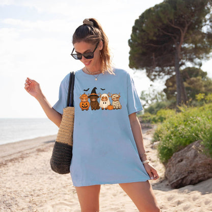 Spooky Highland Cow Squad T-Shirt – Cute Halloween Witch, Ghost & Pumpkin Graphic Tee