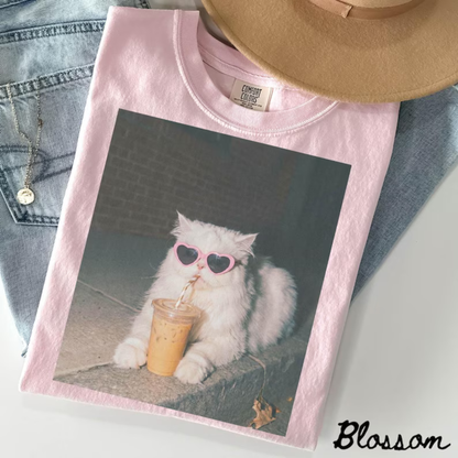 Persian Cat Iced Coffee Graphic Tee - Cute Vintage Soft Cotton Unisex Cat Mama & Funny Mother's Day Gift T-Shirt