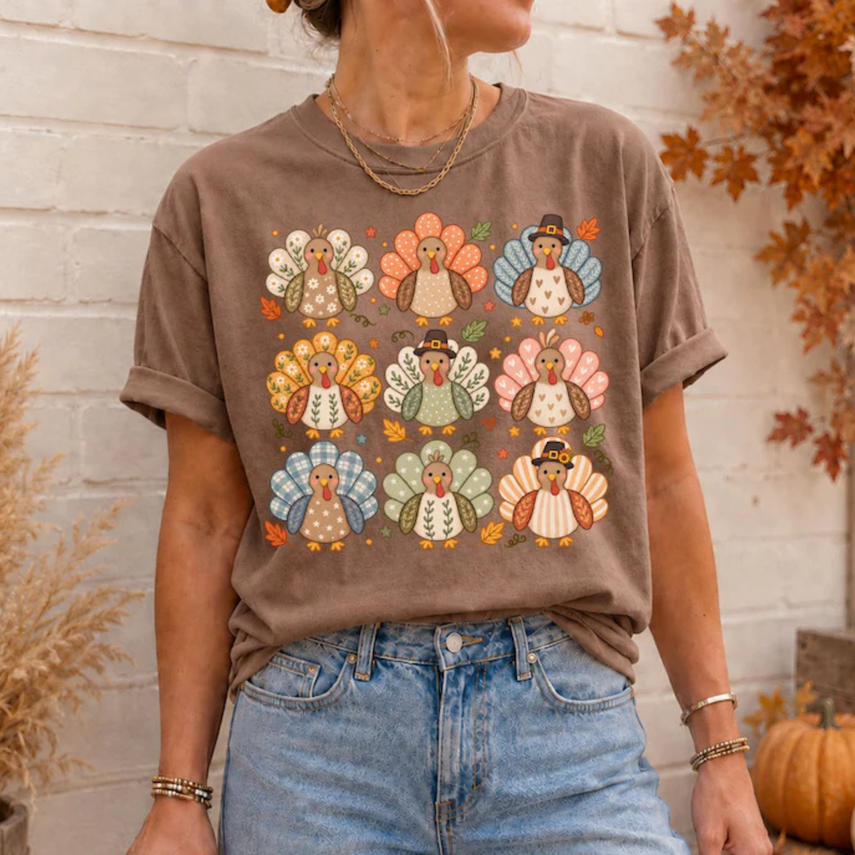 Boho Floral Wild Turkey Whimsical Thanksgiving Graphic T-Shirt