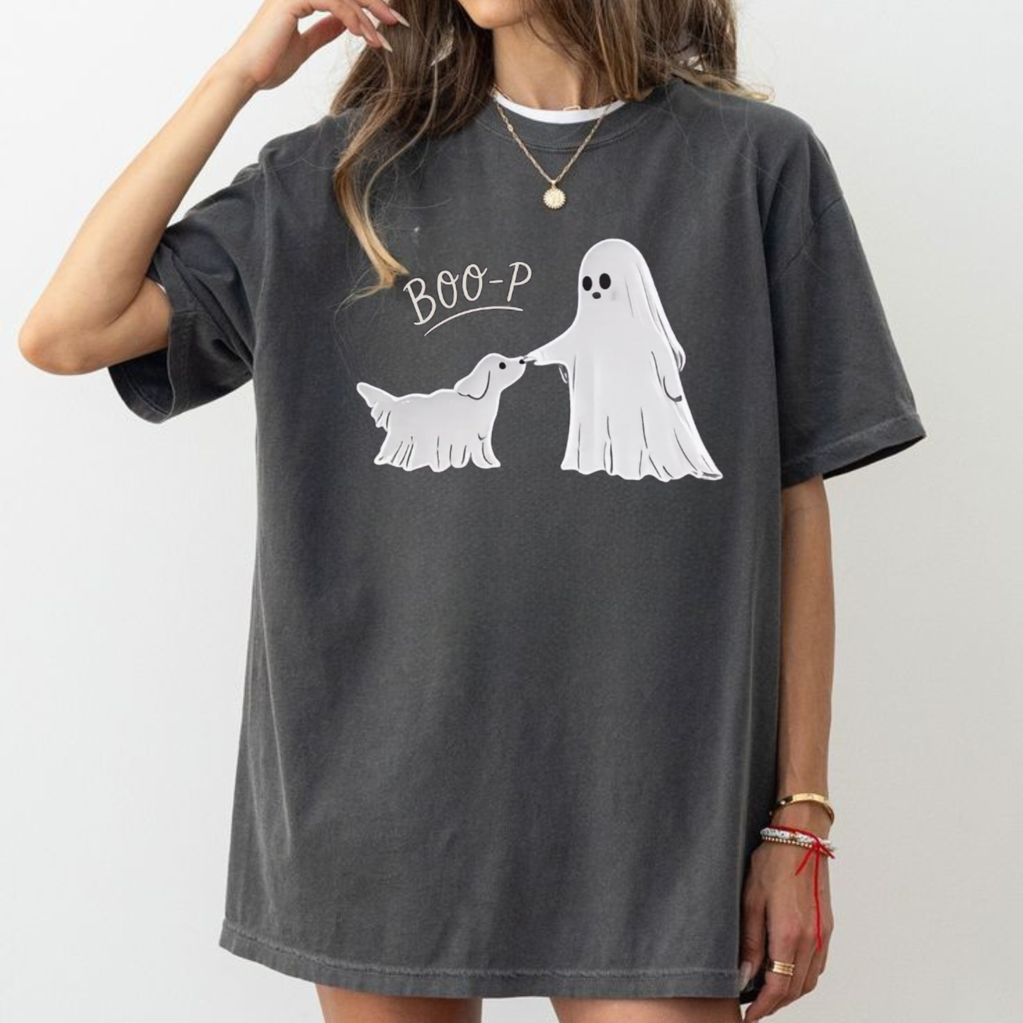 Boo-p Ghost Dog Graphic Tee - Funny Soft Vintage Cotton Unisex Halloween Dog Mom & Cute Pet Lover Gift T-Shirt