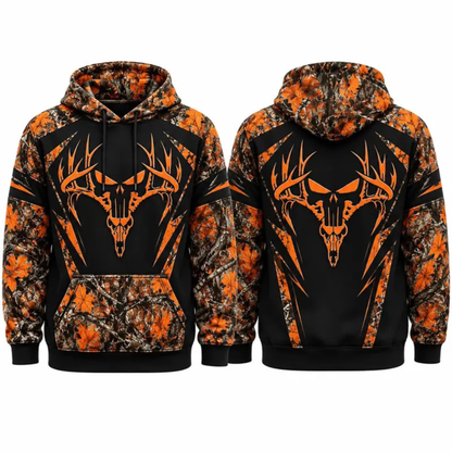 Camo Deer Skull Orange Black Color-Block Outdoor Hunting Pullover