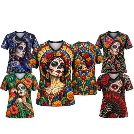 Women's Día de los Muertos La Catrina V-Neck Heritage Graphic Shirt
