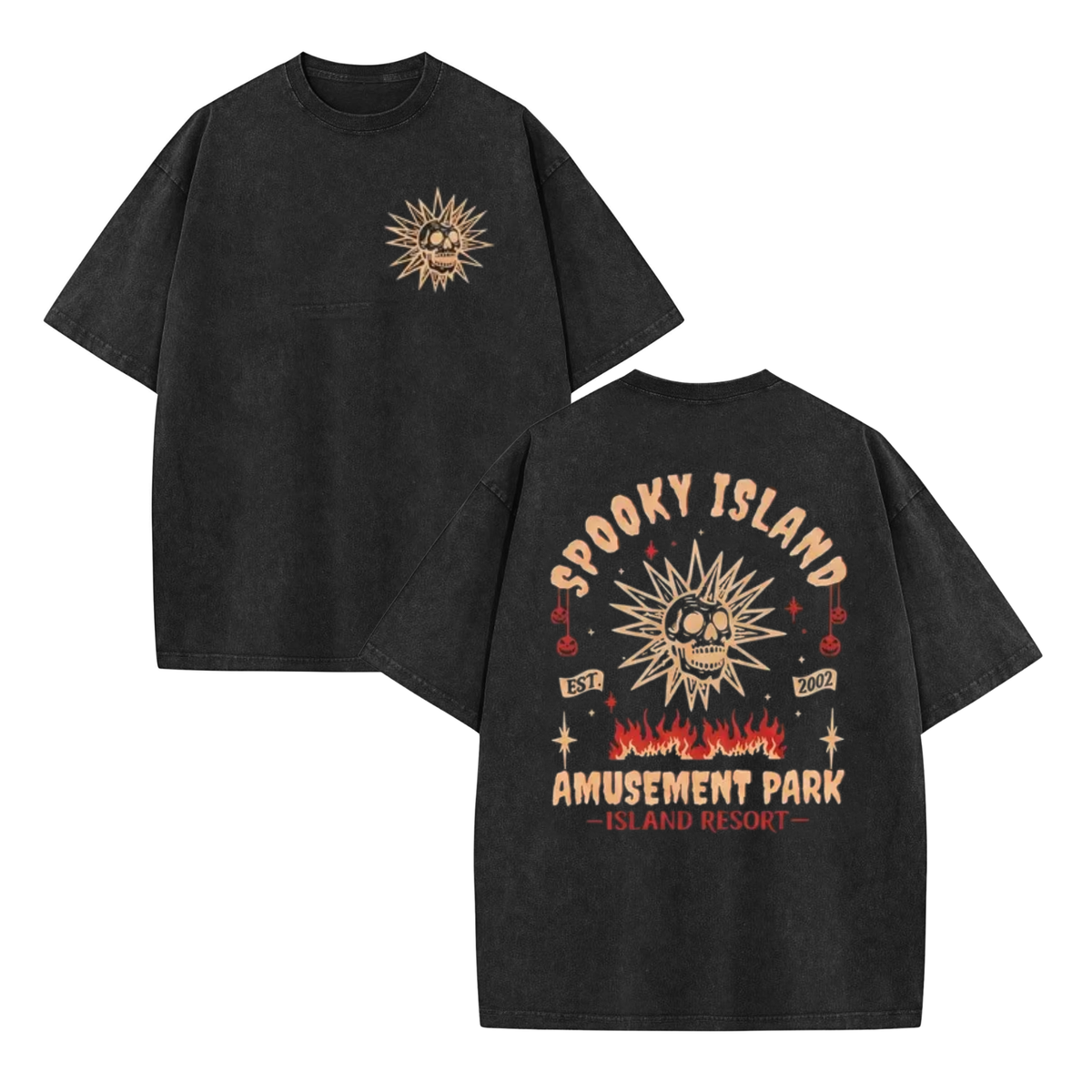 Gothic Haunted Theme Park Mineral Tee – Acid Wash Y2K Mystery Graphic Shirt