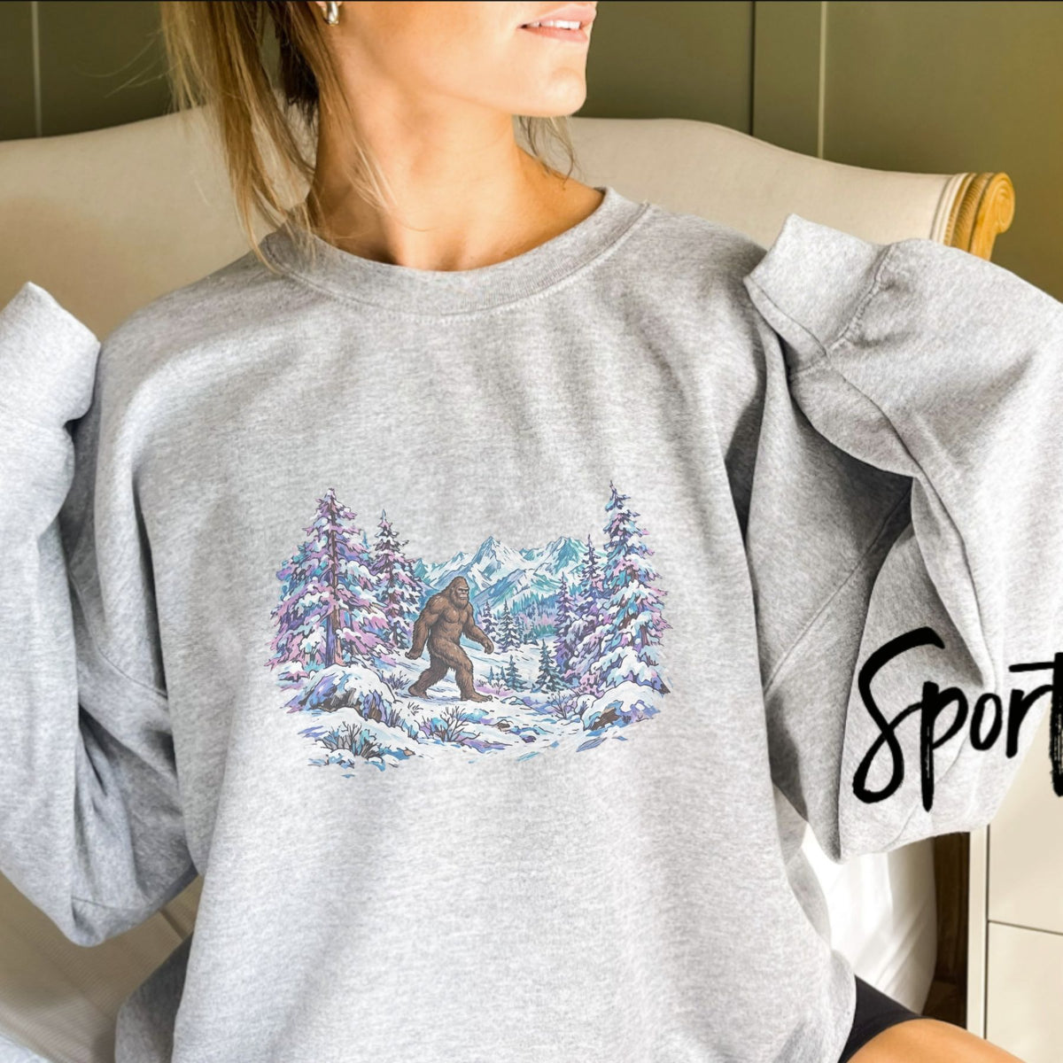 Vintage Sasquatch Snowy Forest Sweatshirt – Retro Bigfoot Mountain Graphic Pullover