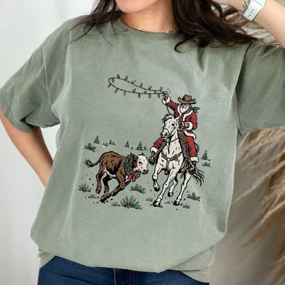 Western Cowboy Santa Horseback Riding Christmas Comfort Colors Tee
