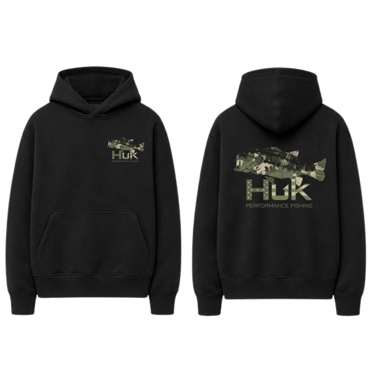 Men’s HUK Performance Fishing Hoodie – Camo Bass Graphic Pullover