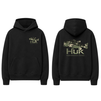 Men’s HUK Performance Fishing Hoodie – Camo Bass Graphic Pullover