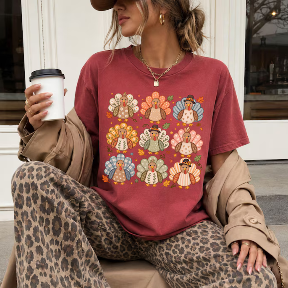 Boho Floral Wild Turkey Whimsical Thanksgiving Graphic T-Shirt