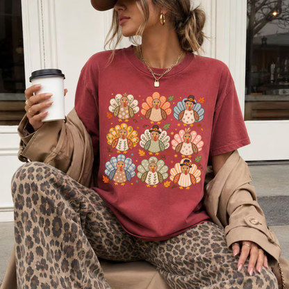Boho Floral Wild Turkey Whimsical Thanksgiving Graphic T-Shirt