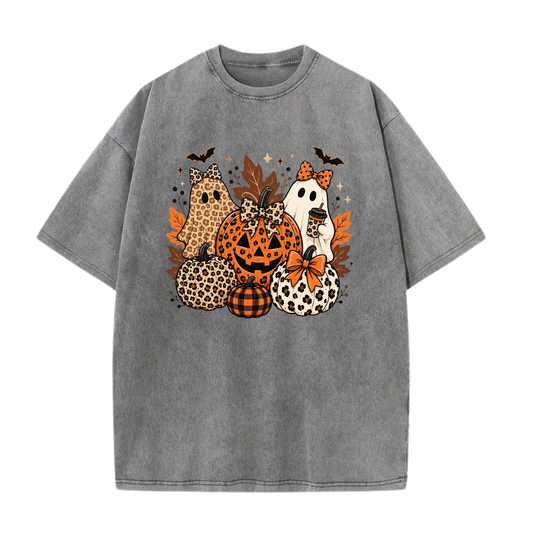 Leopard Bow Ghost Pumpkin Fall Halloween Graphic Washed Shirt