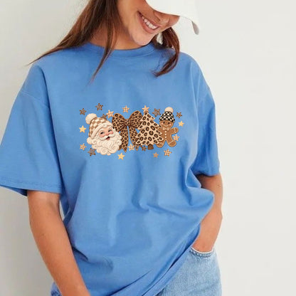 Coquette Gingerbread & Leopard Bow T-Shirt – Retro Christmas Holiday Graphic Top