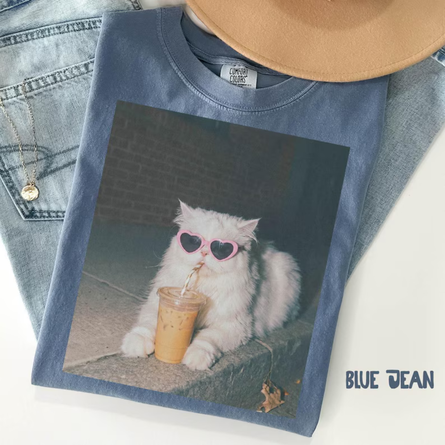 Persian Cat Iced Coffee Graphic Tee - Cute Vintage Soft Cotton Unisex Cat Mama & Funny Mother's Day Gift T-Shirt