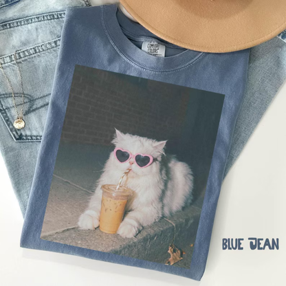 Persian Cat Iced Coffee Graphic Tee - Cute Vintage Soft Cotton Unisex Cat Mama & Funny Mother's Day Gift T-Shirt