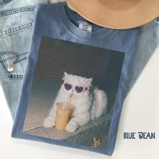 Persian Cat Iced Coffee Graphic Tee - Cute Vintage Soft Cotton Unisex Cat Mama & Funny Mother's Day Gift T-Shirt