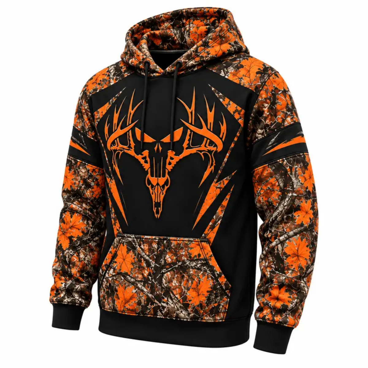 Camo Deer Skull Orange Black Color-Block Outdoor Hunting Pullover