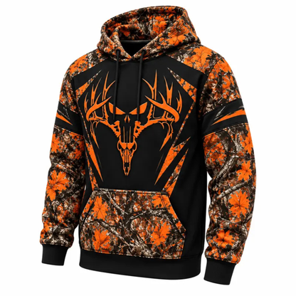 Camo Deer Skull Orange Black Color-Block Outdoor Hunting Pullover