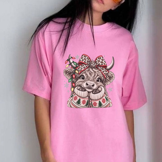 Festive Heifer Holly Joy T-Shirt – Country Christmas Leopard Bow Graphic Tee