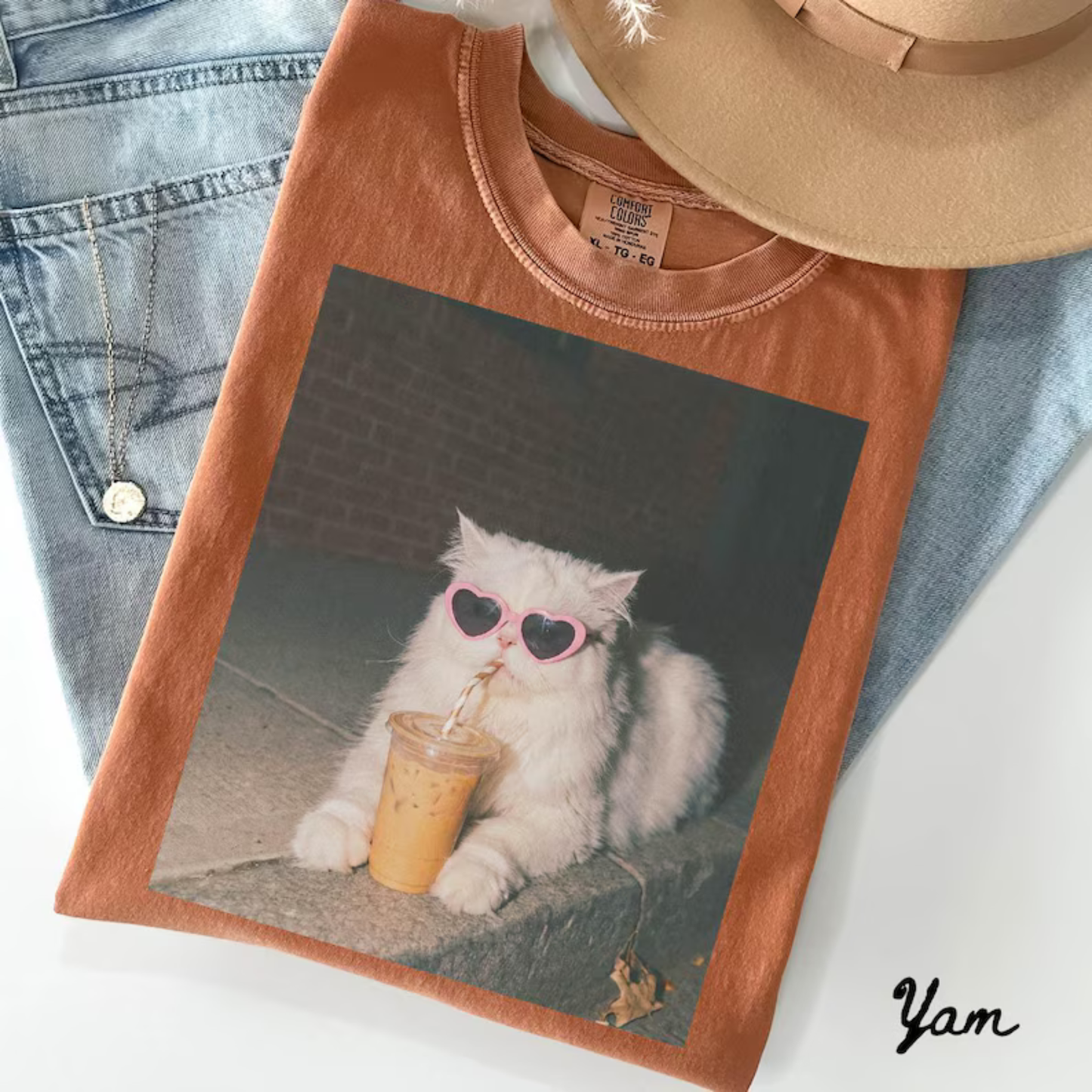 Persian Cat Iced Coffee Graphic Tee - Cute Vintage Soft Cotton Unisex Cat Mama & Funny Mother's Day Gift T-Shirt
