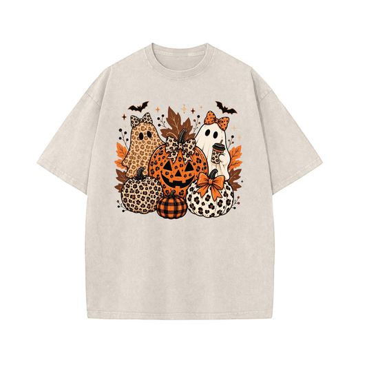 Leopard Bow Ghost Pumpkin Fall Halloween Graphic Washed Shirt