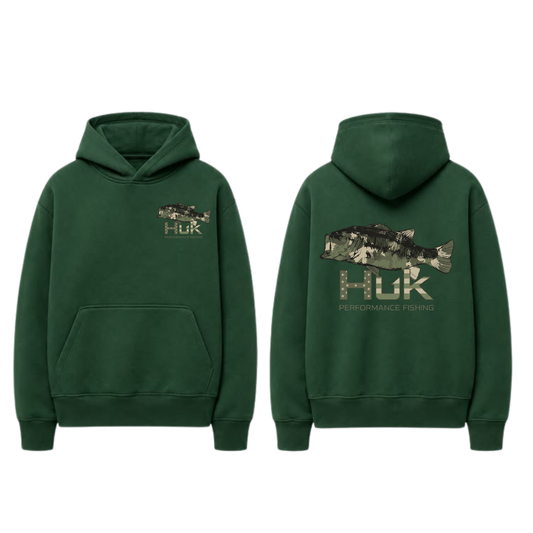 Men’s HUK Performance Fishing Hoodie – Camo Bass Graphic Pullover