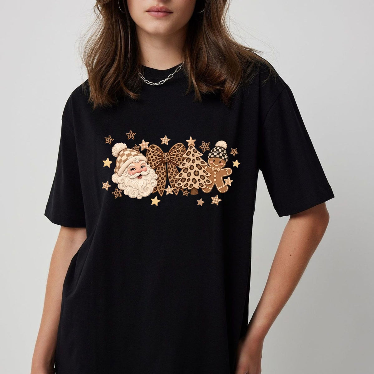 Coquette Gingerbread & Leopard Bow T-Shirt – Retro Christmas Holiday Graphic Top